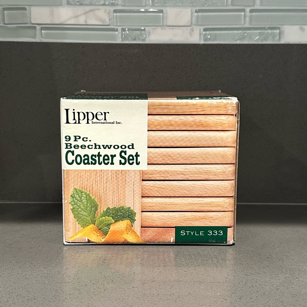 Set of 9 Beechwood Coasters with Holder